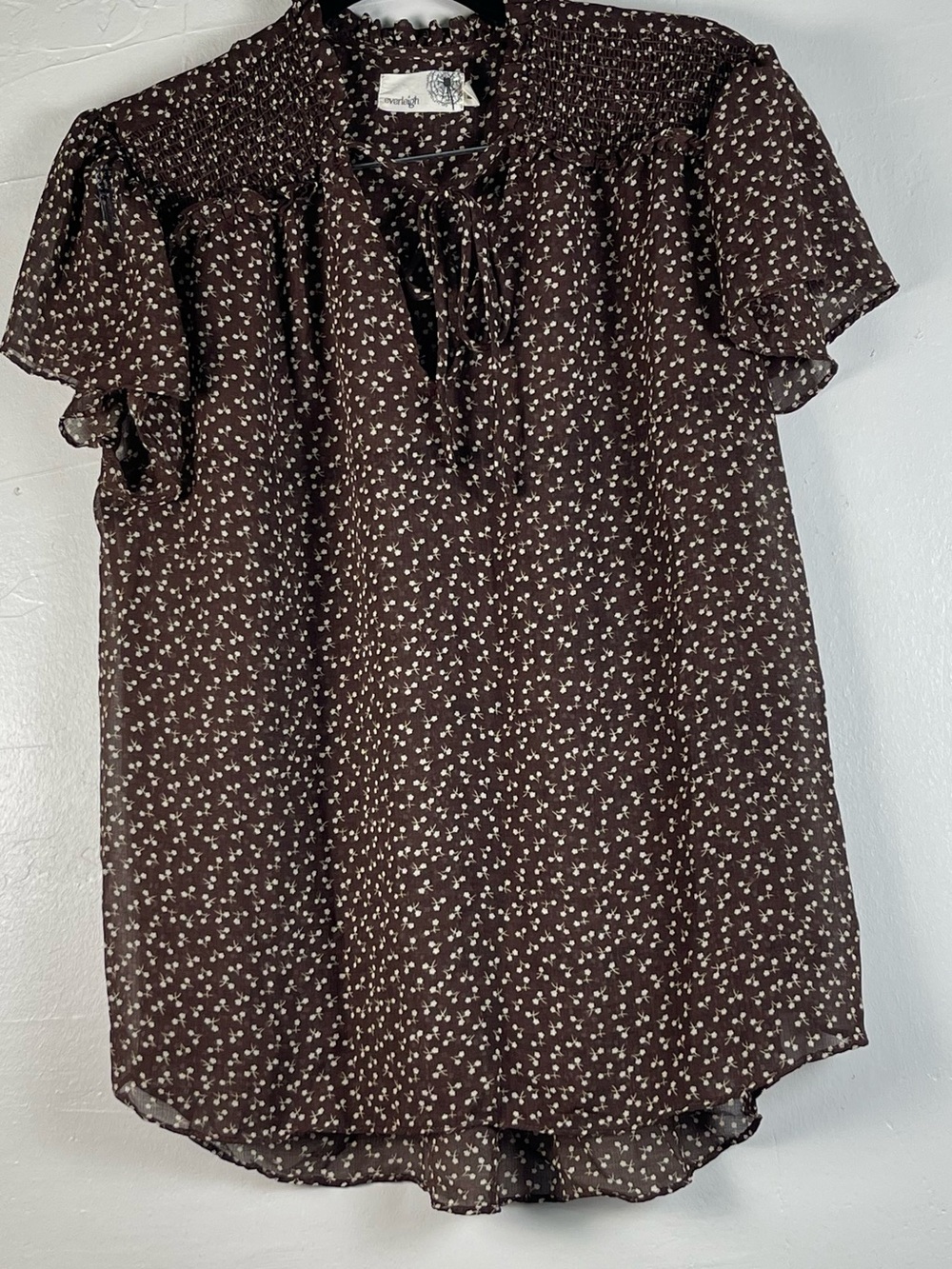 Everleigh Smocked Tie Front Blouse Brown Ivory Ditsy Floral Flutter Sleeve
